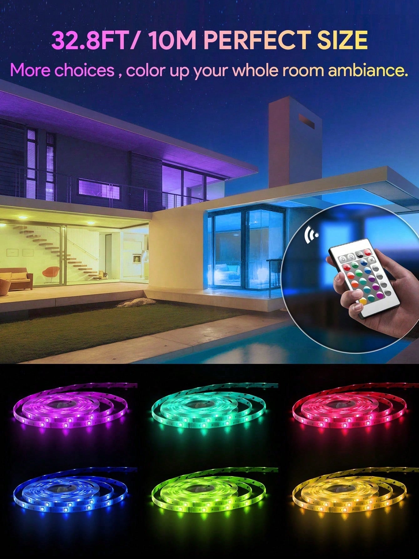 Teckwe LED Strip Lights,RGB LED Strip Lights With 24-Key Remote Control For Home Decoration,Party Atmosphere Light,Easy To Install,Celebration Atmosphere Light,Living Room & Bedroom Atmosphere Light 10m/33ft Christmas Gifts,Must-Haves For Autumn And Winte