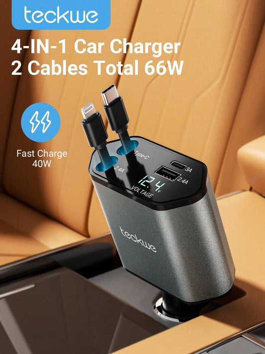 Teckwe Car Charger,4-In-1 Car Charger With Super Fast Flash Charging & Retractable Cable Portable Multi-Function Car Charger For Mobile Phones Christmas Gifts,Must-Haves For Autumn And Winter Holiday Camping Holiday Essentials Vacation Accessories,Camping