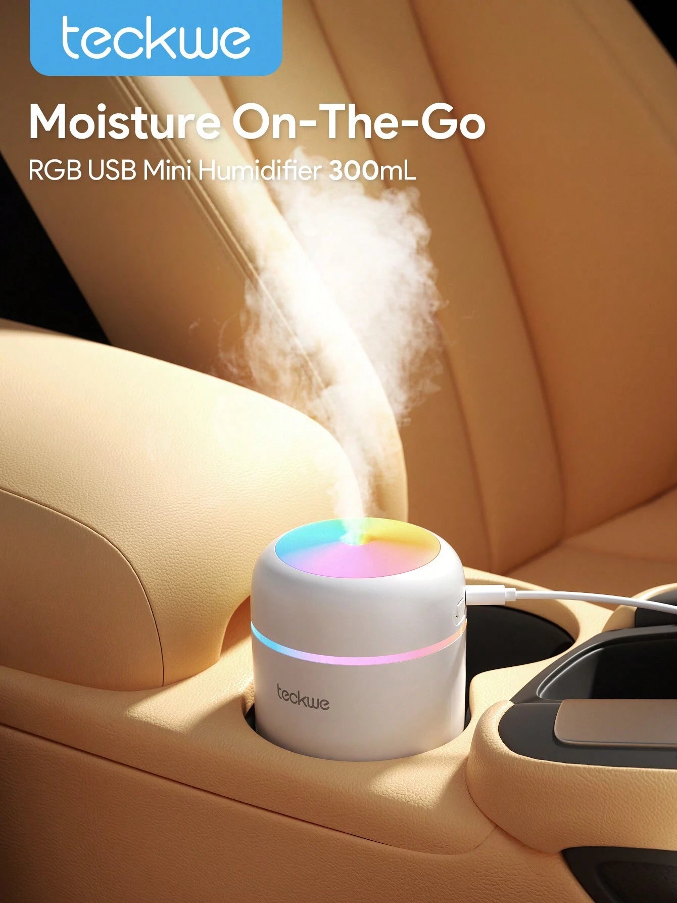 Teckwe Mist Humidifier For Car,Desktop Aromatherapy Humidifier Colorful Atmosphere Lighting,Continuous/Intermittent Spray,Silent Humidification,Moisturizing At Any Time,Click To Turn On The Spray,Long Press To Turn On The Night Light,Suitable For Home & O