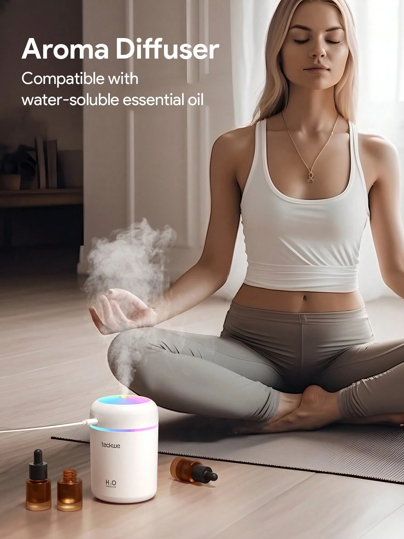 Teckwe Mist Humidifier For Car,Desktop Aromatherapy Humidifier Colorful Atmosphere Lighting,Continuous/Intermittent Spray,Silent Humidification,Moisturizing At Any Time,Click To Turn On The Spray,Long Press To Turn On The Night Light,Suitable For Home & O