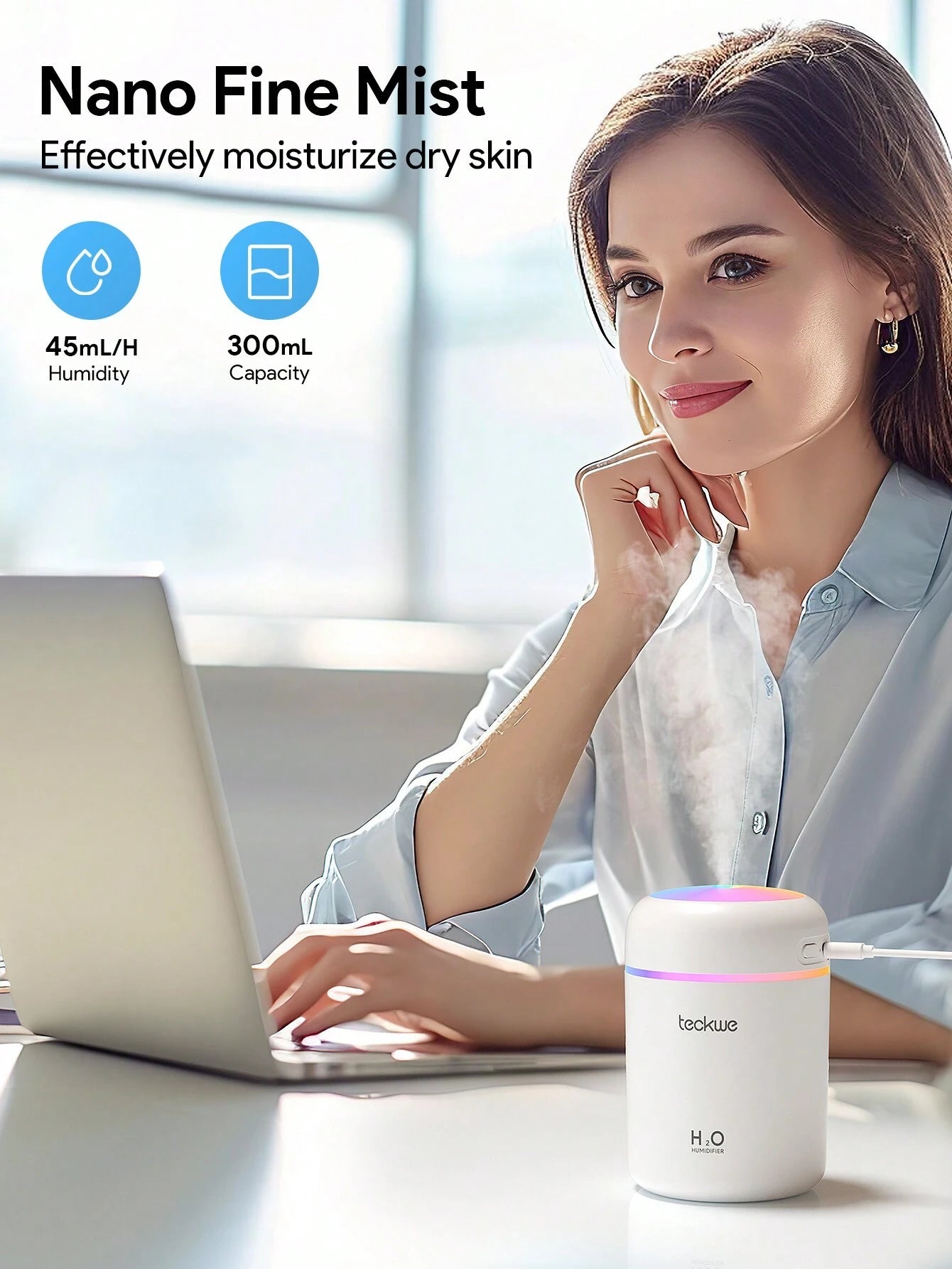 Teckwe Mist Humidifier For Car,Desktop Aromatherapy Humidifier Colorful Atmosphere Lighting,Continuous/Intermittent Spray,Silent Humidification,Moisturizing At Any Time,Click To Turn On The Spray,Long Press To Turn On The Night Light,Suitable For Home & O