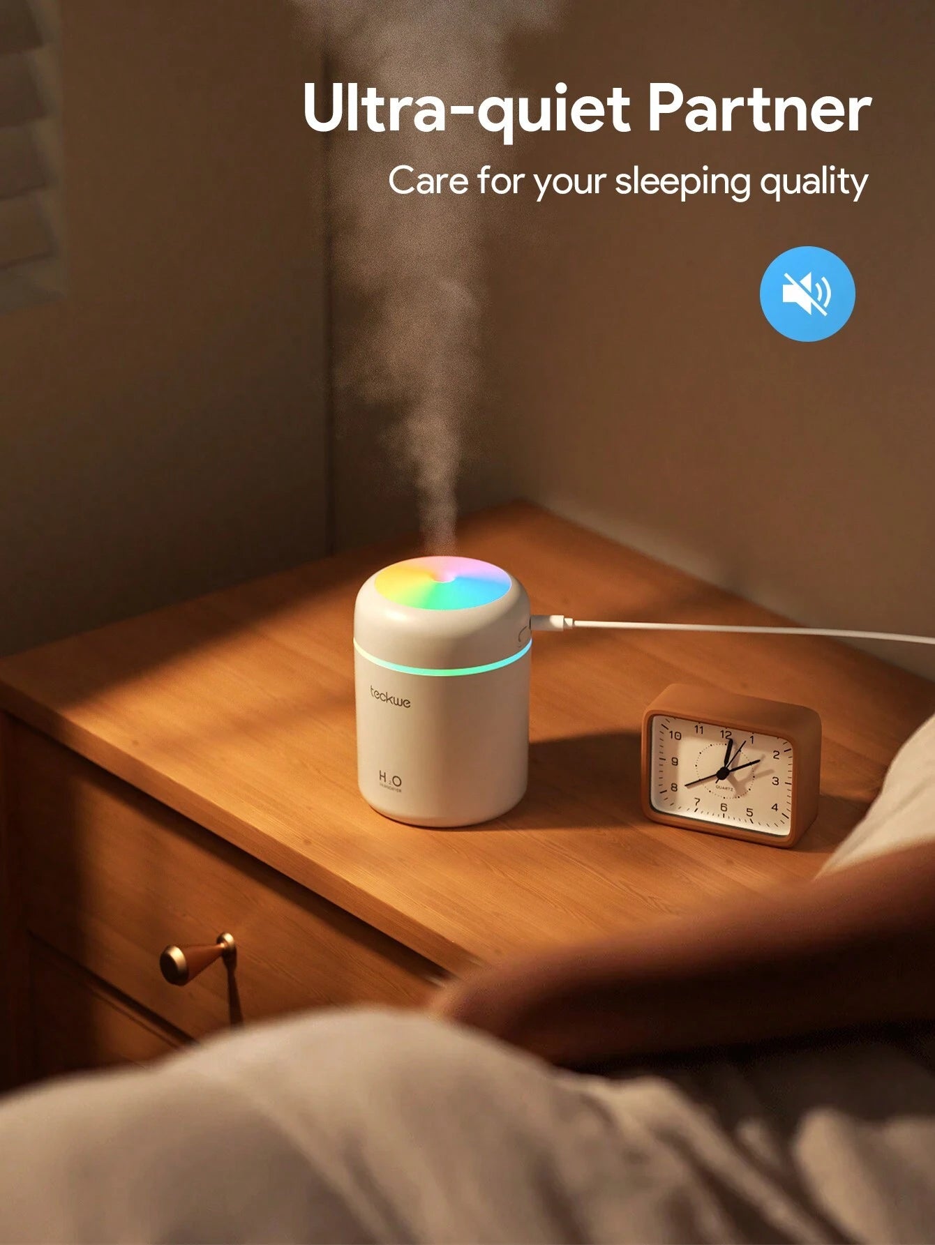 Teckwe Mist Humidifier For Car,Desktop Aromatherapy Humidifier Colorful Atmosphere Lighting,Continuous/Intermittent Spray,Silent Humidification,Moisturizing At Any Time,Click To Turn On The Spray,Long Press To Turn On The Night Light,Suitable For Home & O