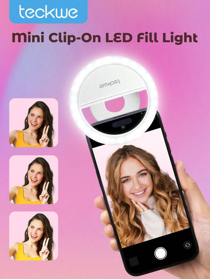 Teckwe Selfie Ring Light Rechargeable Portable Clip-On Selfie Fill Light 4 Levels Of Adjustment For Smart Phone Photography,Camera Video,Girl Makes Up Christmas Gifts,Must-Haves For Autumn And Winter Holiday Camping Holiday Essentials Vacation Accessories