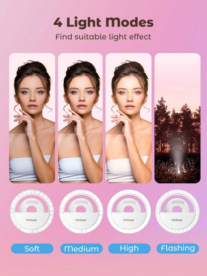 Teckwe Selfie Ring Light Rechargeable Portable Clip-On Selfie Fill Light 4 Levels Of Adjustment For Smart Phone Photography,Camera Video,Girl Makes Up Christmas Gifts,Must-Haves For Autumn And Winter Holiday Camping Holiday Essentials Vacation Accessories