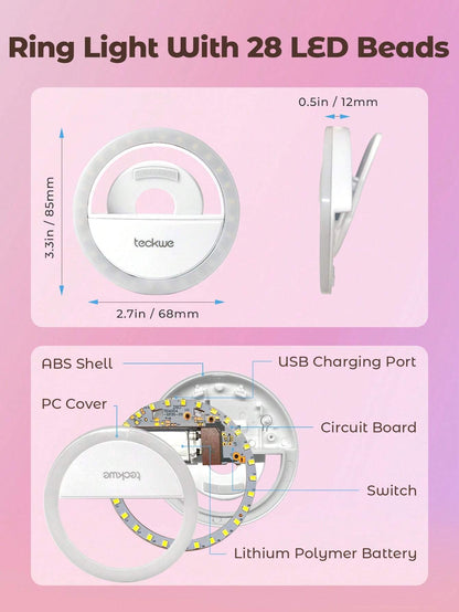 Teckwe Selfie Ring Light Rechargeable Portable Clip-On Selfie Fill Light 4 Levels Of Adjustment For Smart Phone Photography,Camera Video,Girl Makes Up Christmas Gifts,Must-Haves For Autumn And Winter Holiday Camping Holiday Essentials Vacation Accessories