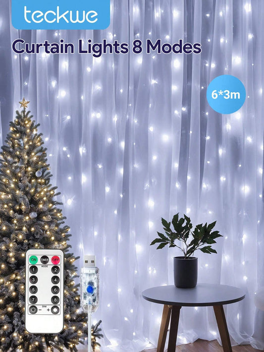 Teckwe LED Curtain Lights,6*3m Curtain Light String,USB Powered With Remote Control,Fairy Lights String Great For Wedding,Christmas And Festival Home Decor