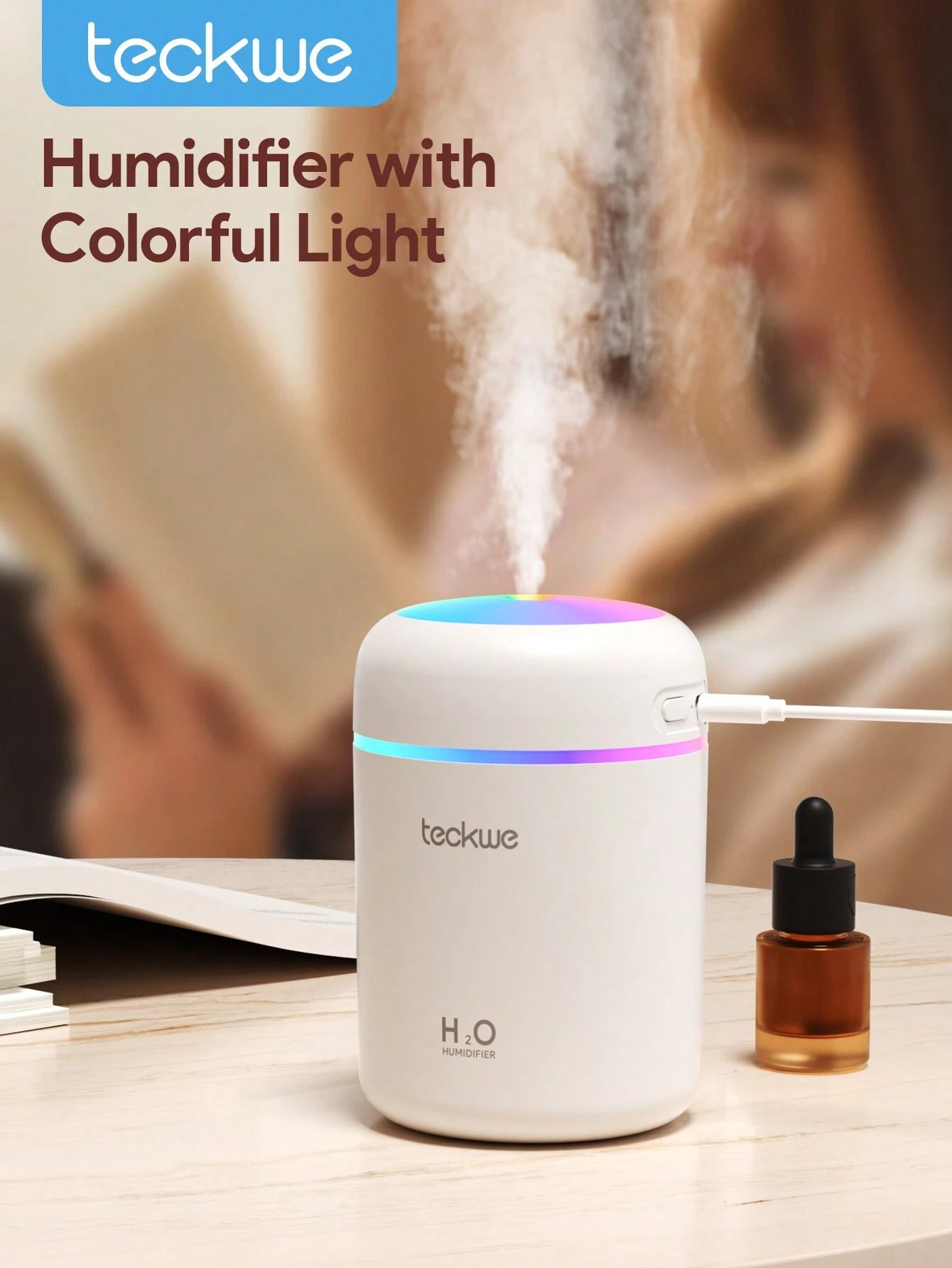 Teckwe Mist Humidifier For Car,Desktop Aromatherapy Humidifier Colorful Atmosphere Lighting,Continuous/Intermittent Spray,Silent Humidification,Moisturizing At Any Time,Click To Turn On The Spray,Long Press To Turn On The Night Light,Suitable For Home & O