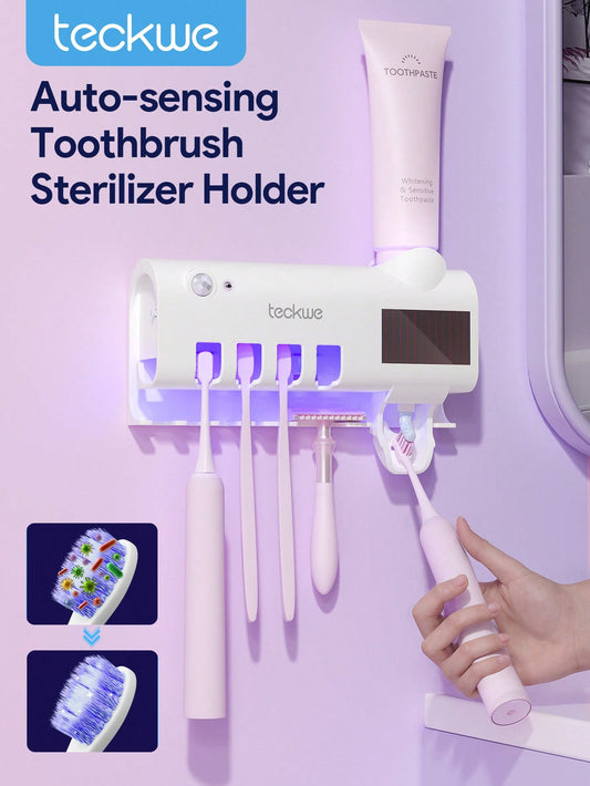 Teckwe UV Toothbrush Sanitizer,Toothbrush Sanitizer Holder,4 Toothbrush Slots & Toothpaste Dispenser,Rechargeable Bathroom Wall Mounted Fit Manual Toothbrushes