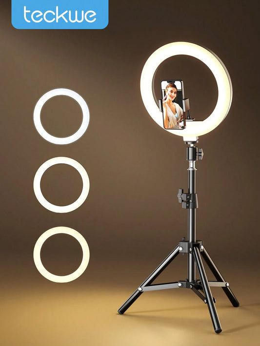 Teckwe Selfie Ring Light,Tripod Phone Stand Holder Photography RingLight Circle Fill Light Led Color Lamp Live Stream 3 Color Temperatures Adjustable 10Inch & 120 Lamp Beads Christmas Gifts,Must-Haves For Autumn And Winter Holiday Camping Holiday Essentia