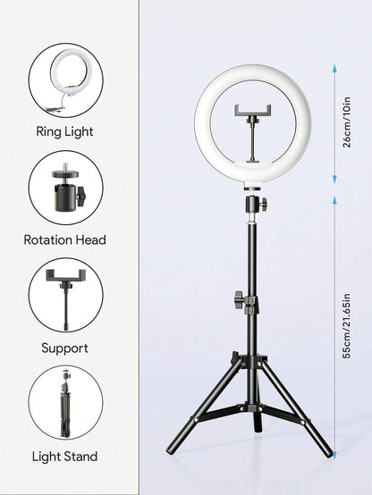 Teckwe 自拍环形灯，三脚架手机支架摄影环形灯圆形补光灯 LED 彩灯直播 3 种色温可调 10 英寸和 120 个灯珠圣诞礼物，秋冬季假期露营必备品度假必需品