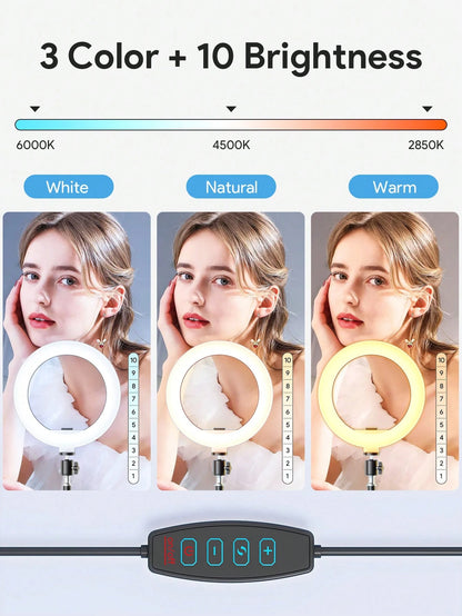 Teckwe 自拍环形灯，三脚架手机支架摄影环形灯圆形补光灯 LED 彩灯直播 3 种色温可调 10 英寸和 120 个灯珠圣诞礼物，秋冬季假期露营必备品度假必需品